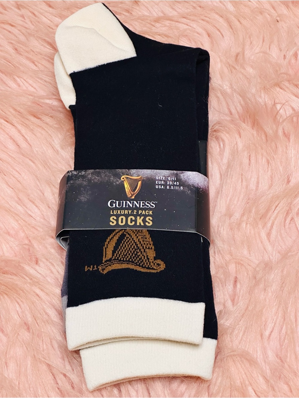 Guinness Black and White Men's Luxury Socks - Harp Accent 2-Pack